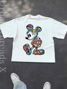Disney 1 Piece Of Stylish Round-Neck Men's T-Shirt, Made Of 100% Pure Cotton, Soft And Comfortable, Suitable For Daily Wear, Vacation Leisure, Outdoor Adventures, Campus Life, And Shopping Trips. It Is An Essential Summer Staple And An Excellent Gift Choice. - 白色 - 查看 2