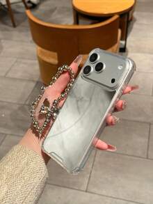 1pc Black Framed Makeup Mirror Phone Case, Electroplated Heart & Bow Decor Protective Phone Case Compatible With Samsung/ Models, 11/12/12Pro/12ProMax/13/13Pro/13ProMax/14/14Pro/14ProMax/15/15Pro/15ProMax/16/16Pro/16ProMax/16Plus/17/17Pro/17ProMax/AIR - Silver - View 9