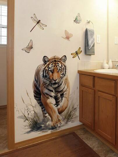 1张凶猛老虎墙贴，威猛老虎墙贴，老虎下山墙贴，沙发背景墙贴，可移除防水防油PVC墙贴，适用于卧室、客厅、玄关、浴室装饰