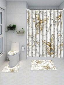 1件/4件套优雅蝴蝶图案浴帘套装，含12个挂钩，防水涤纶面料，可水洗浴垫，防滑地毯，时尚浴室配件，仅限干洗 - A - 查看 19