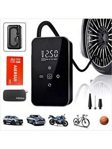 Portable Air Pump And Inflator 140 PSI Car Tire Inflator, Digital Tire Pump For Car/Motorcycle/Bicycle/Ball/Air Mattress, Road Trip Tool With LED Light, 1300mAh/DC12V. Storage Bag Only Link Available - Black - View 2