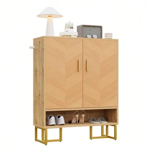 Modern, Minimalist Shoe Cabinet, Unique Wood Grain, Golden Iron Frame, Two-Door Storage Cabinet, Narrow Shoe Cabinet, Shoe Rack, Shoe Cabinet For Hallway/Entrance Hall - View 1