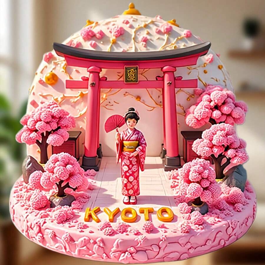 Perfect Gift For Kyoto Romantics: Dome Maiko Magnet With Cherry Blossoms & Torii, A Mini Kyoto Sweet With Pop-Out Lettering – Spring Memories In Every Detail - F - View 1