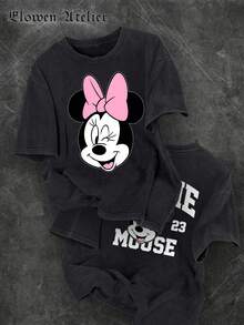 Disney Womens Casual Cotton Short Sleeve Round Neck Regular Fit Minnie Mouse Graphic T-Shirt - 黑色 - 查看 1