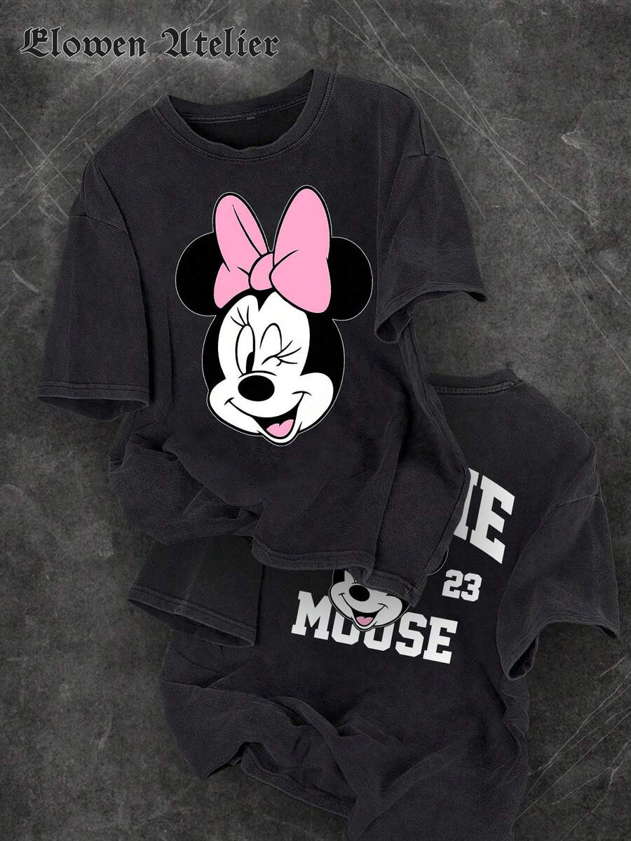 Disney Womens Casual Cotton Short Sleeve Round Neck Regular Fit Minnie Mouse Graphic T-Shirt - 黑色 - 查看 1