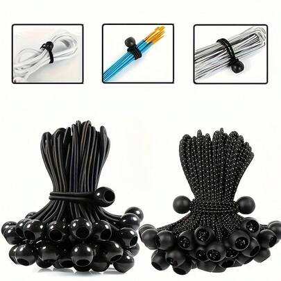 Duurzaam latex bevestigingstouw - Veelzijdig elastisch touw met plastic balletjes, geschikt voor tenten, zeilen, ladingzekering, terrasluifels - Ideaal voor kamperen, bouw en industrieel gebruik - Zwarte elastische band, outdooruitrusting, veelzijdig bevestigingsmiddel, betrouwbaar materiaal, rekbaar, doe-het-zelfprojecten
