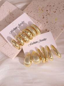 3 Pairs/6 Pairs CCB Geometric Golden Earrings, Elegant Gift Set For Friends, Dates, Gatherings - Gold - View 1