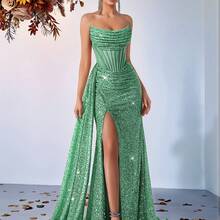 Sequined Bustier Hollow-Out High-Waisted Long Ribbon Slit Backless Tie-Up Prom Party Evening Dress - 白綠 - 查看 1