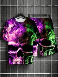 Conjunto de 2 piezas de camisa de manga corta y pantalones cortos suaves y transpirables para hombres - Estampado de calavera y llamas, adecuado para uso casual de verano, ropa de uso diario para adolescentes, conjunto de camisa y pantalones cortos lavables a máquina. - Colores mixtos - Ver 3