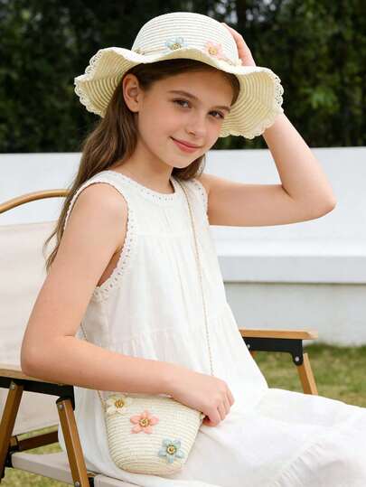 Bộ 2 món gồm mũ rơm và túi đan cho trẻ em, mũ chống nắng họa tiết hoa dễ thương, mũ đi biển mùa hè cho bố mẹ và con cái, mũ chống nắng kiểu Hàn Quốc, thích hợp cho hoạt động ngoài trời, đi biển, đạp xe.