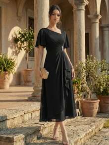EVERPRETTY Elegant Black Chiffon Bridesmaid Dress With Diamond Decor, Soft Asymmetrical Ruffle Hem Dress Suitable For Wedding Guests, Formal Evening Occasions - Black - View 8