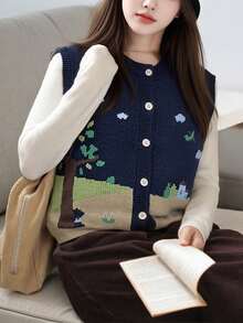 Alicedudu Women's Autumn Casual Cartoon Fun Pattern Floral Print Ribbed Knit Cardigan Vest - Navy Blue - View 3