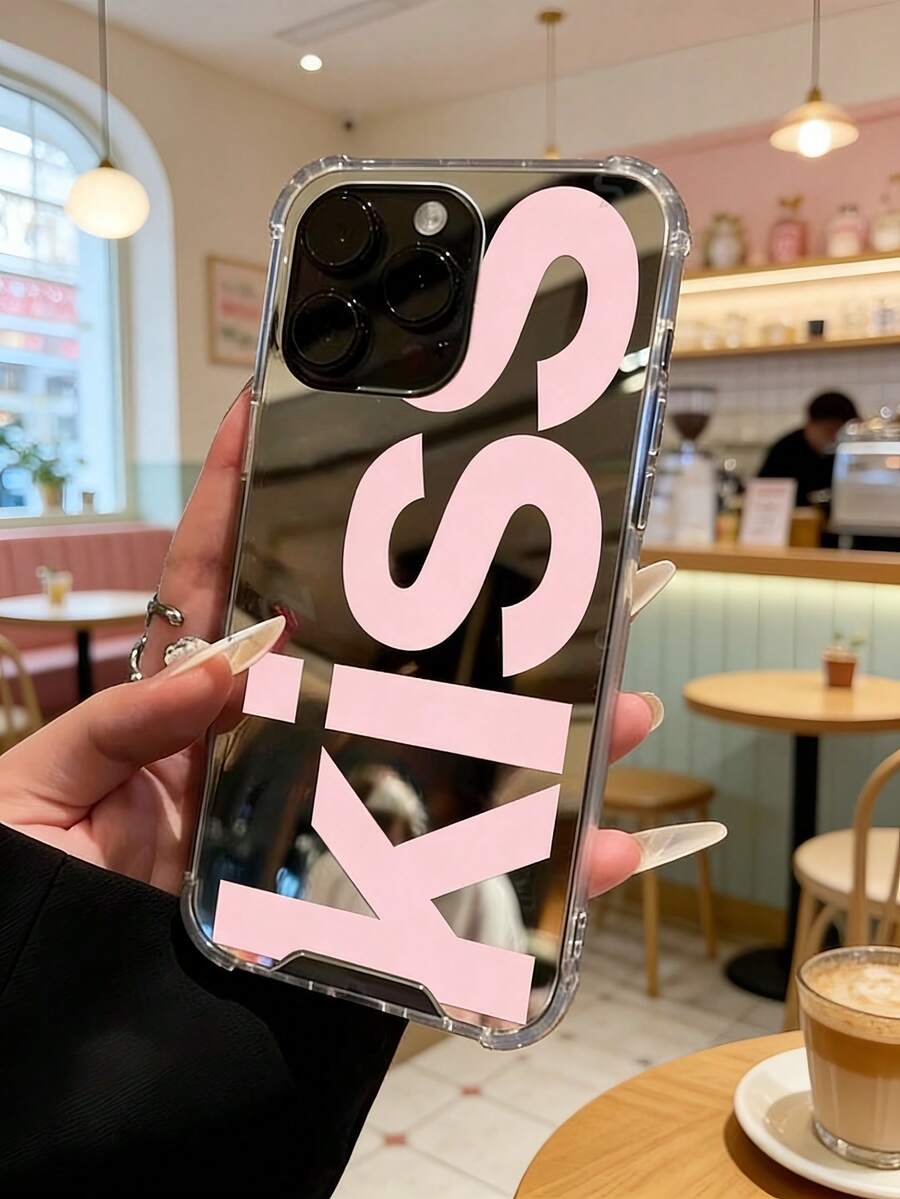 1件甜酷KISS鏡面手機殼 粉色字母酷風氣囊防摔化妝鏡保護殼,適用Apple 18 18pro 18promax 17 17pro 17promax 17 16 15 14 13 12 11promax及系列 - 彩色 - 查看 1