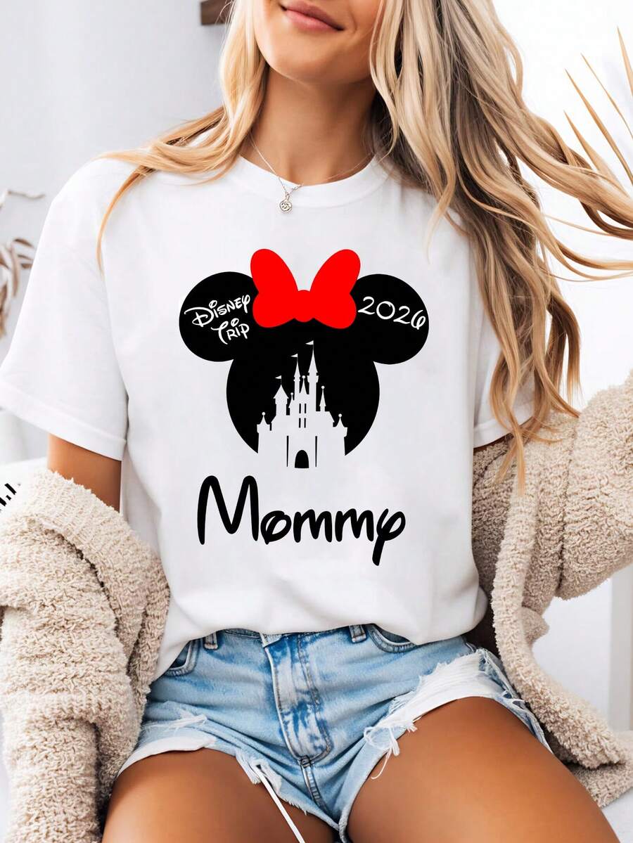 Disney-Style Women's Printed T-Shirt Featuring A Cartoon Print Of Mickey Mouse's Magical Castle And A Red Bow. This Round-Neck Summer Top Is Crafted From Soft, Comfortable 100% Cotton Fabric, Perfect For Everyday Wear, Outdoor Activities, Or Shopping. It Also Makes An Ideal Choice For Women's Vaca - White - View 1
