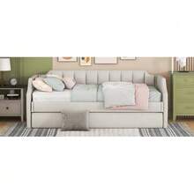 Daybed 90 X 200 (190) Cm, Single Upholstered Daybed With Pull-Out Bed, Beige - White - View 8