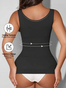 Women's Autumn Seamless Slimming Vest, Crew Neck, Tummy Control Casual Black Summer - Black - View 4