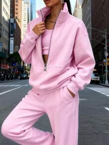 Women's Solid Color Half-Zip Stand Collar Two-Piece Set, Loose Fit Long Sleeve Sweatshirt & Wide Leg Pants, Soft Casual Tracksuit For Home, Daily & Outdoor, All Ages Women's Simple Fashion Sportswear For Spring And Summer     Summer Outfits For Women    2 Piece Sets Woman  (Local Warehouse Discounts.) | Two Piece Set Women | 2 Piece Sets Woman | Workout Sets Women | Women Two Piece Sets | Sets 2 Piece Women | Conjunto De Dos Piezas Mujer - 粉色 - 查看 5