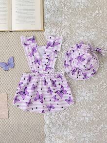 紫色蝴蝶图案狗狗胸背带连衣裙套装，条纹波点宠物连衣裙+帽子，两件套，适合小型犬，春夏款 - 淡紫色 - 查看 2