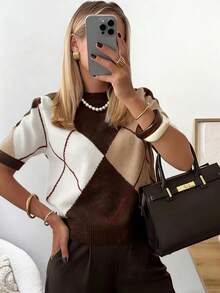 Áo len dệt kim họa tiết Argyle mới năm 2026, áo dệt kim tay ngắn cổ tròn dành cho nữ, kiểu dáng thanh lịch, thoải mái, thích hợp mặc hàng ngày vào mùa xuân. - màu nâu - Xem 4