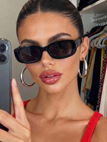 1 Pair Unisex Black Rectangular Fashionable Sunglasses, Suitable For Travel, Beach, Bar, Outdoor And Other Occasions, Ideal Accessory For Summer Beach Vacation, Outdoor, Travel And Leisure, Suitable For Outfits, Back To School Season And Other Occasions. - 黑色 - 查看 5