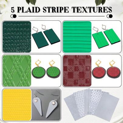 6种图案设计，透明PVC材质，欧式花纹饰边，佩斯利网格纹理图案，压花软陶纹理垫，适用于DIY自制聚合物粘土首饰