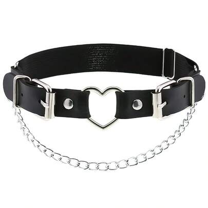 女士可调节腿部吊袜带，朋克哥特风仿皮大腿链，黑色PU皮大腿束缚带，夜店万圣节链条配饰