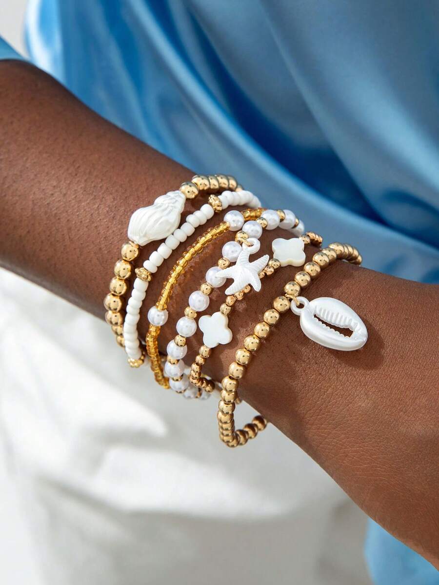 imoli 6件套时尚波西米亚海洋系列玻璃珠树脂珍珠四叶草海星贝壳叠层手链套装，适合女性海滩度假、节日派对、珠宝礼品