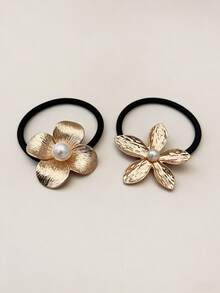 1pc Elegant Metal Pearl Flower Hair Scrunchie, High Elasticity Ponytail Holder For Daily Use All Year Round - Multicolor - View 1