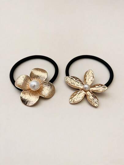 1pc Elegant Metal Pearl Flower Hair Scrunchie, High Elasticity Ponytail Holder For Daily Use All Year Round