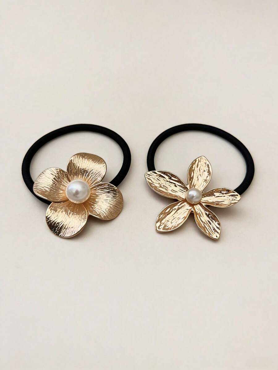 1pc Elegant Metal Pearl Flower Hair Scrunchie, High Elasticity Ponytail Holder For Daily Use All Year Round - Multicolor - View 1