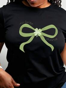 Women's Mother's Day T-Shirt Green Ribbon Bow With Flower Center And Text Casual, Crew Neck Short Sleeve Tee, Perfect For Birthday Gift Suitable For All Season Wear, Everyday Outdoors - Black - View 1