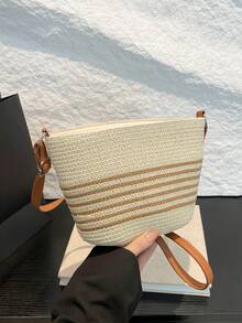Bolso de cubo tejido de paja de estilo vacacional de moda, bolso de hombro cruzado versátil de gran capacidad para mujeres - Blanco - Ver 1