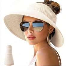 可折叠卷边宽檐女士遮阳帽，适合海滩和扎马尾辫，UPF防晒旅行草帽 - 彩色 - 查看 1