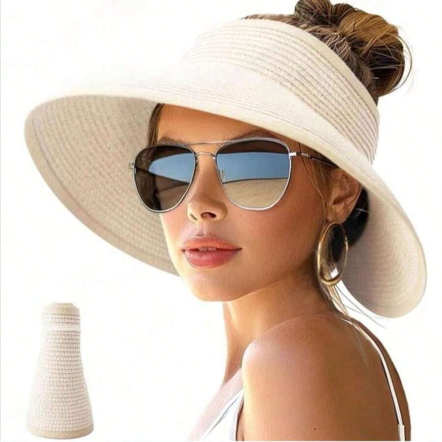 可折叠卷边宽檐女士遮阳帽，适合海滩和扎马尾辫，UPF防晒旅行草帽 - 彩色 - 查看 1