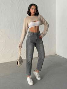 Jeans Boyfriend/Mamá con cintura alta, rodilla láser rasgada, de unicolor, con bolsillos asimétricos/asimétricamente destruidos - Gris Oscuro - Ver 2