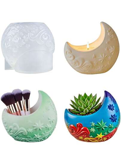 月牙形硅胶模具，多用途DIY模具，可用于制作烛台、树脂、水泥制品、手工工艺品、化妆刷架、花盆、桌面装饰品等。