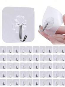 10pcs/20pcs Transparent Strong Adhesive Hooks, No Drilling Wall Hooks, Waterproof Hooks For Kitchen & Bathroom - White - View 1