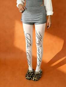1 Pair Women's Velvet Printed Text Tights, Slim Fit Comfortable Fashionable Sexy Unique, Suitable For Daily Wear, Work Commute And Going Out - Multicolor - View 19