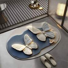 1 pieza Felpudo de múltiples usos con efecto visual 3D de flores y mariposas, de secado rápido - Lavar a mano solamente, con estampado, forma ovalada de alfombra de baño, alfombra de baño, alfombra de puerta, alfombra pequeña, alfombra, felpudo, decoración del hogar, alfombra de área, felpudo de exterior, decoración del hogar, alfombra de área, alfombra de dormitorio, alfombra lavable - Multicolor 2 - Ver 1