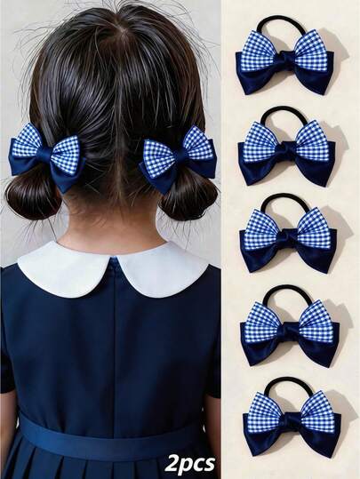 2pcs Girls' Casual Minimalist Hair Accessories/Scrunchies, Double-Layer Textured Plaid Bow Design Hair Scrunchies, Essential For Daily Hairstyles And Braiding