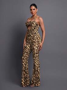 Leopard Print Backless Jumpsuit, Elegant High-End Party Outfit, Flared Leg Design Suitable For Banquet, Fashion Photography, Romantic Evening Gala, Sophisticated Gathering Spring Wedding - Brown - View 8