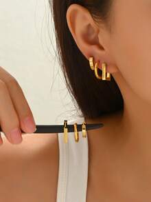 6pcs/Set Retro Geometric Round & Square Hoop Earrings Set, Versatile Daily Wear For Women - Multi-color a - View 1