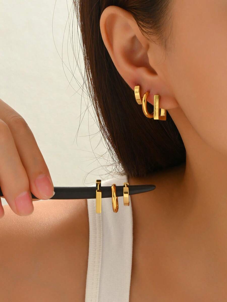 6pcs/Set Retro Geometric Round & Square Hoop Earrings Set, Versatile Daily Wear For Women - Multi-color a - View 1
