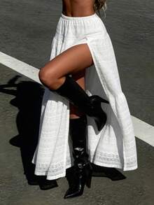 女士优雅度假白色蕾丝高腰高开衩A字裙，层叠设计，适合夏季海滩穿着 - 白色 - 查看 7
