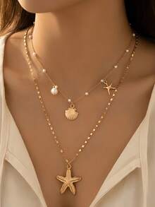 Bộ 1 vòng cổ nhiều lớp hình sao biển và vỏ sò giả ngọc trai kiểu dáng nghỉ mát mùa hè, thích hợp cho phụ nữ đeo trong các kỳ nghỉ biển. - Vàng - Xem 3