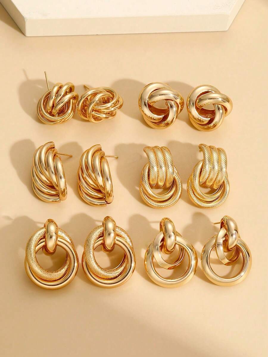 17KM 12 piezas Conjunto de pendientes de aro y torsión minimalistas de moda, adecuados para vacaciones, bodas, fiestas, citas y uso diario de las mujeres, joyería de alta rentabilidad - Amarillo Oro - Ver 1