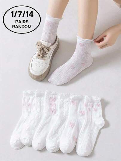 1/7/14 Pairs Of Random White Socks Pink Ruffles Cute White Bow Fried Dough Twists Spring And Summer Style Is Comfortable And Breathable, Suitable For Campus And University Wear. They Are Lightweight, Fashionable, And Personalized Men's And Women's Fashionable Socks, Suitable For Campus Gatherings, Daily Home And Casual Wear. They Are Soft And Comfortable Lace Stockings