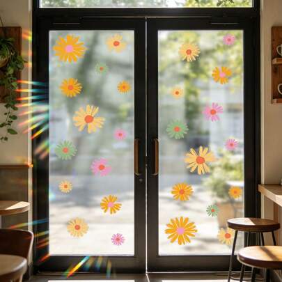 1/3片卡通彩色花朵和雏菊窗贴，可重复使用的PVC无粘性彩虹窗贴，适用于儿童房、客厅、教室和家居装饰。