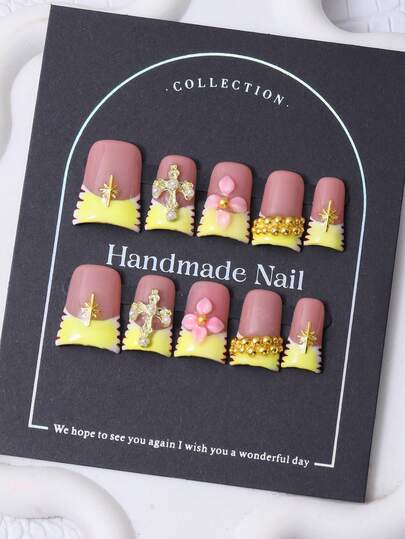 10pcs/Set Handmade In Europe And America, This Set Features Duckbill Shaped Acrylic Pieces In Y2K Yellow, A French Style 3D Hand Painted Cross, And Hand Drawn Zebra Patterns. It Is Designed With A High-Gloss Coating And Metal Diamond Inlay Technique For Nail Decoration. It Includes 1 Piece Of Jelly Gel And 1 Nail File, Making It Perfect For Wearing At Parties And Formal Occasions, As Well As For Press On Nails And Nail Care Products.