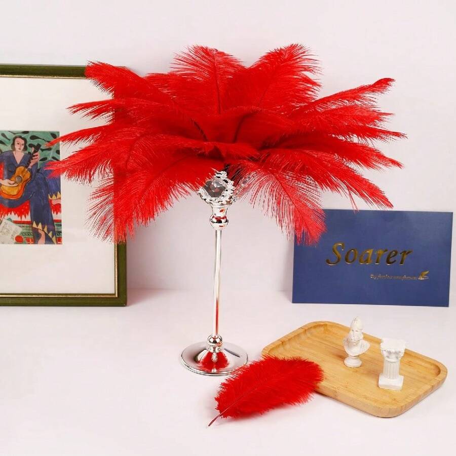 5pcs High-Quality Natural Red Feathers, Wedding Party DIY Decor Accessories, Soft & Fluffy Easy To Style, Suitable For Tabletop Floral Arrangements, Aisle Decor, Gift Wrapping, Handicrafts, And Creative Inspiration - Decorated With Red Feathers - View 1